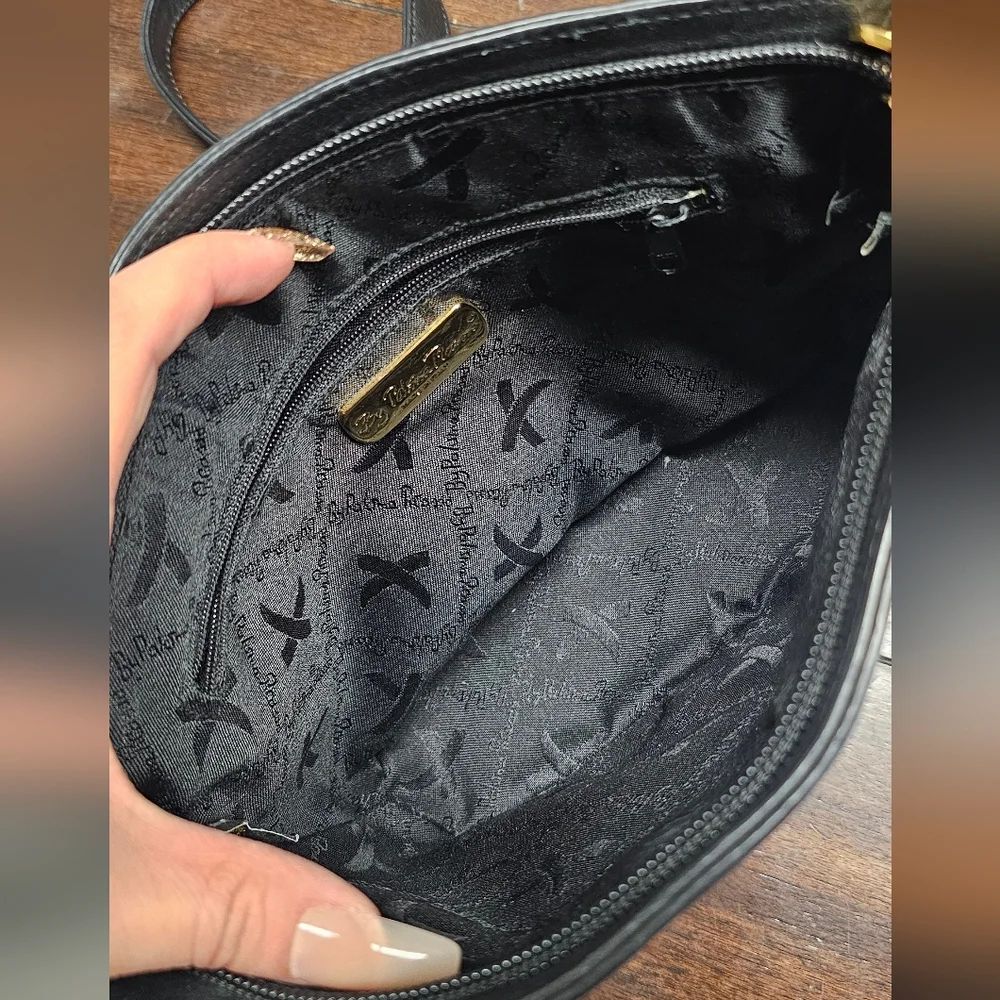 Paloma Picasso Black Genuine Leather Shoulder Bag with Gold Accents